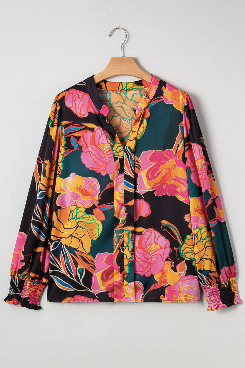 Black Floral Print Smocked Cuffs Puff Sleeve V Neck Blouse