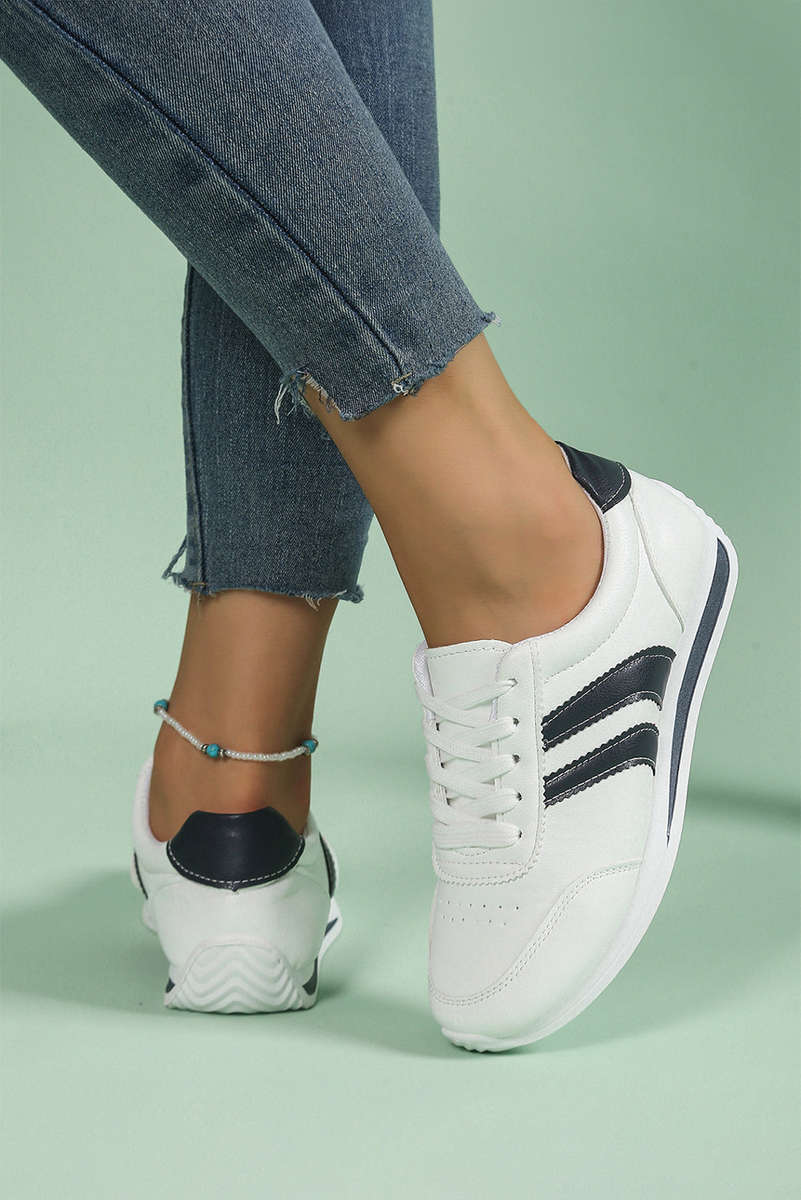 White PU Leather 2-tone Contrast Patchwork Lace-up Flat Shoes