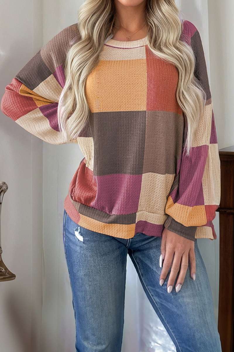 Rose Red Checkered Print Textured Knit Long Sleeve Loose Top