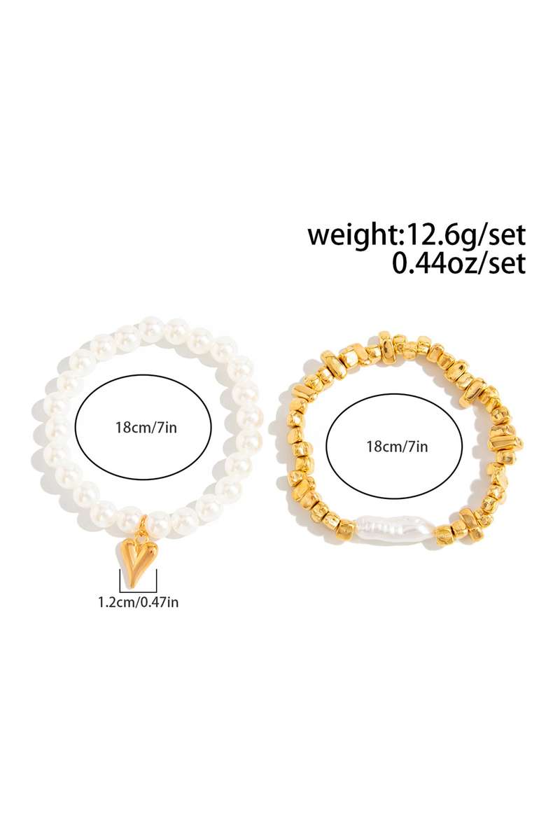 Gold Plated Irregular Bead Pearl Contrast Heart Decor 2pcs Bracelet Set