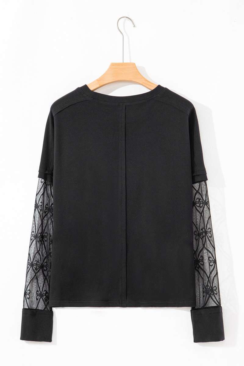 Black Solid Color Bow Textured Patchwork Long Sleeve Tee