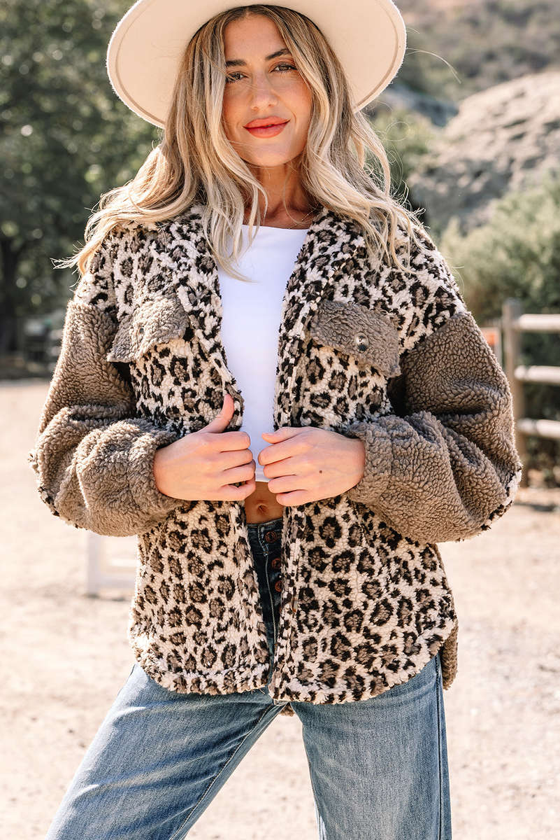 Brown Sherpa Leopard Print Flap Pocket Collared Button Up Jacket