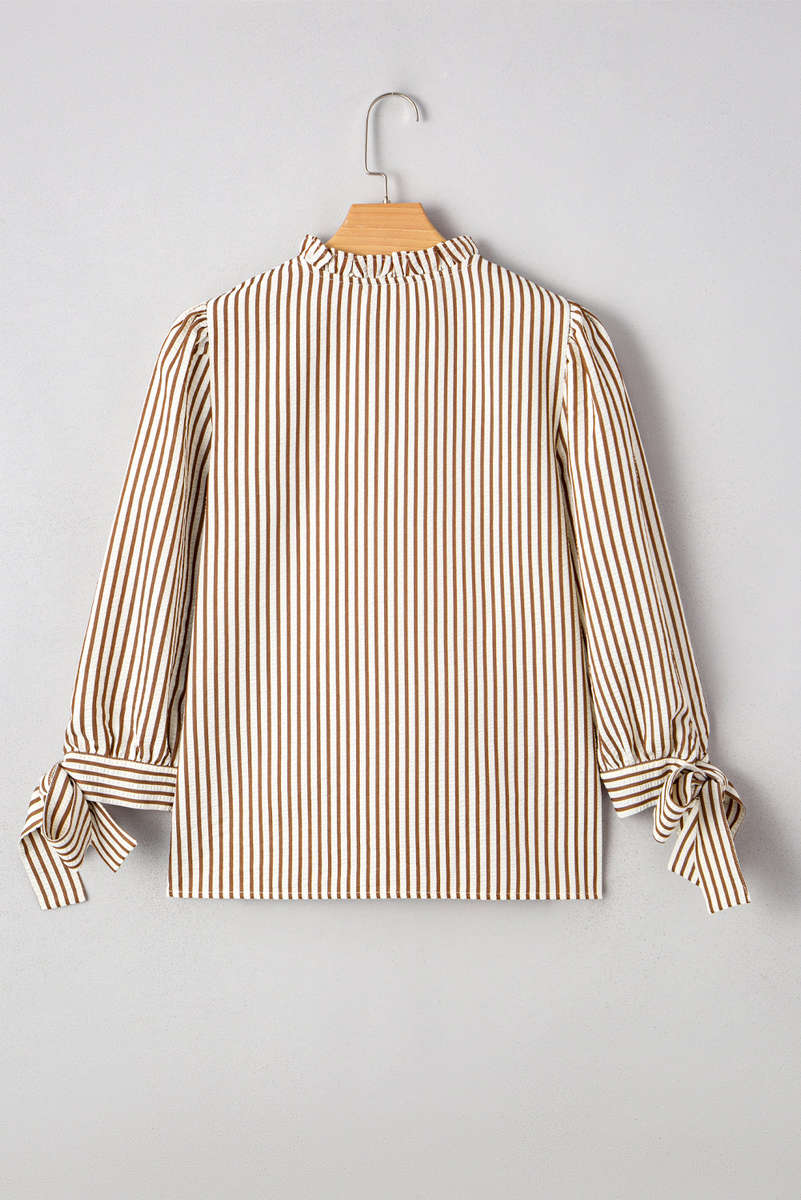 Straw Yellow Striped Print Tied Cuffs Split Neck Seersucker Blouse