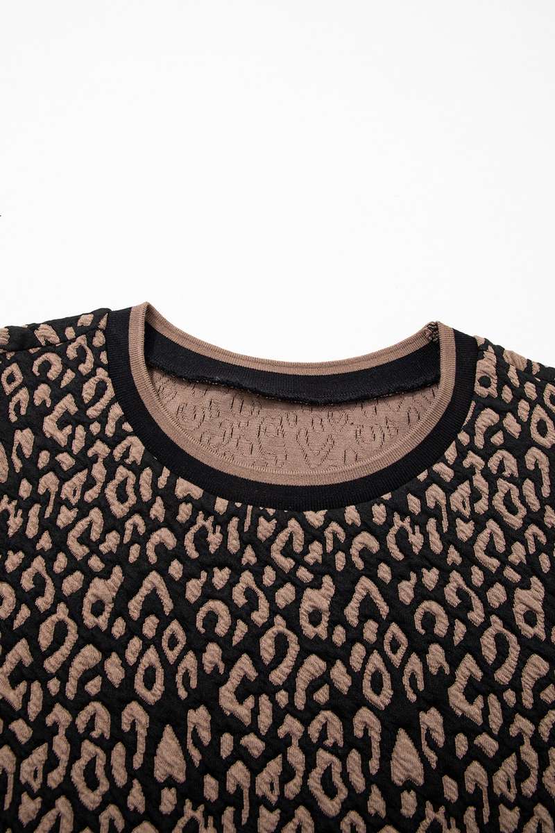 Black Leopard Print Puffy Bracelet Sleeve Contrast Trim Round Neck Top