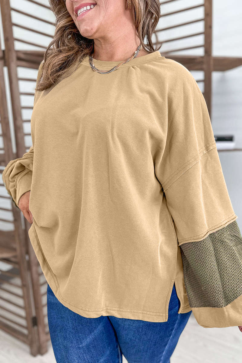 Laurel Green Exposed Seam Contrast Texture Patchwork Plus Size Drop Shoulder Pullover