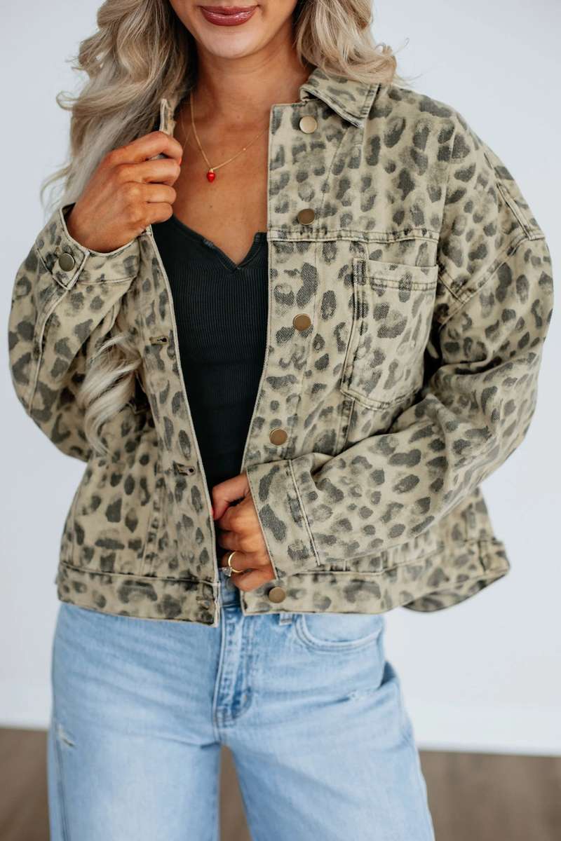 Khaki Retro Leopard Print Seam Detail Button Down Denim Jacket