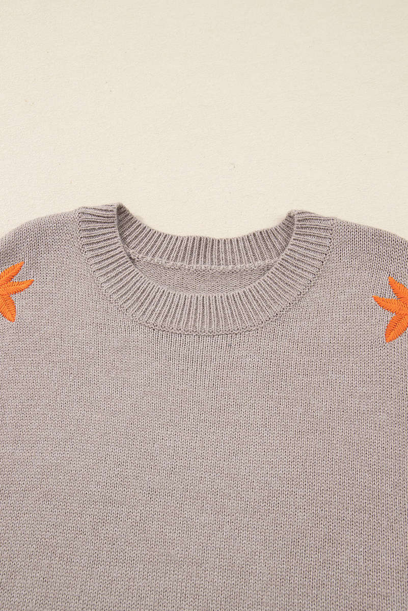 Simply Taupe Embroidered Floral Sleeve Round Neck Loose Sweater