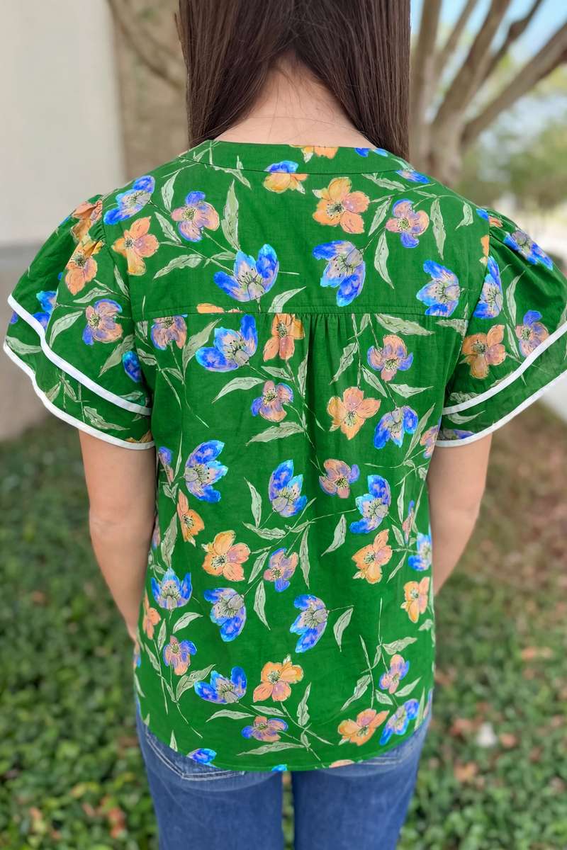 Green Plus Size Ruffled Short Sleeve Floral Top