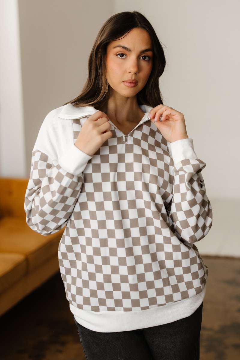 Khaki Checkered Print Quarter Zip Ribbed Patchwork Loose Sweatshirt