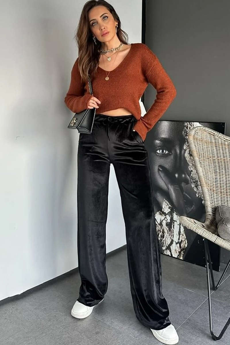 Black Shiny Velvet Drawstring High Waist Straight Leg Casual Pants