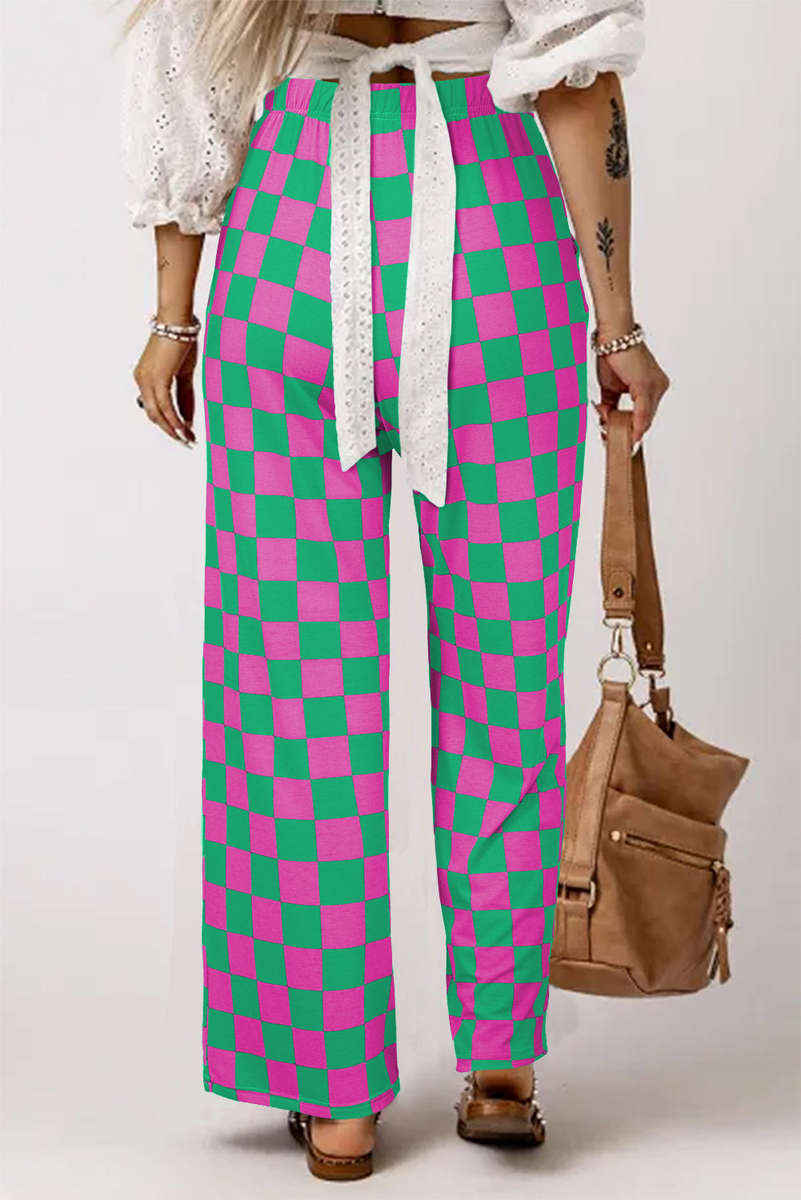 Green 2-Tone Checked Print High Waist Wide Leg Pants