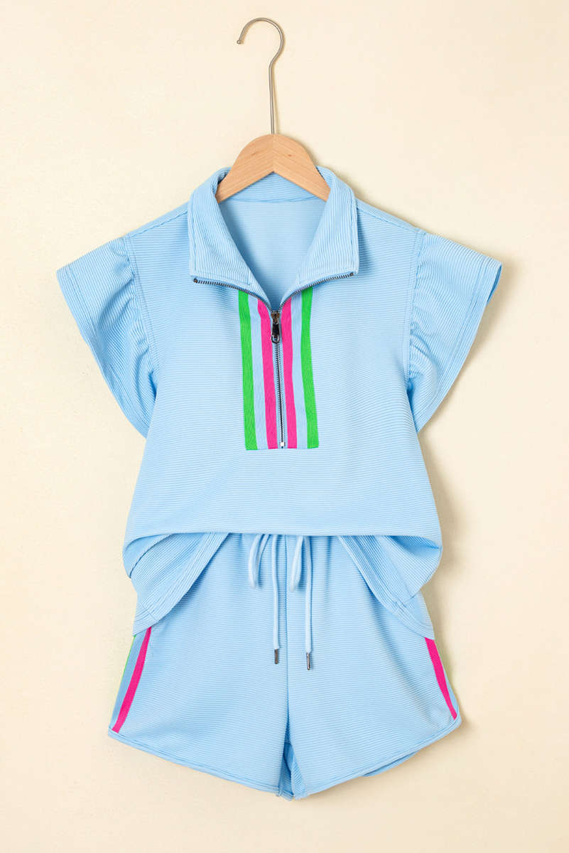 Beau Blue Striped Detail Flutter Sleeve Zipped Collar Short Set