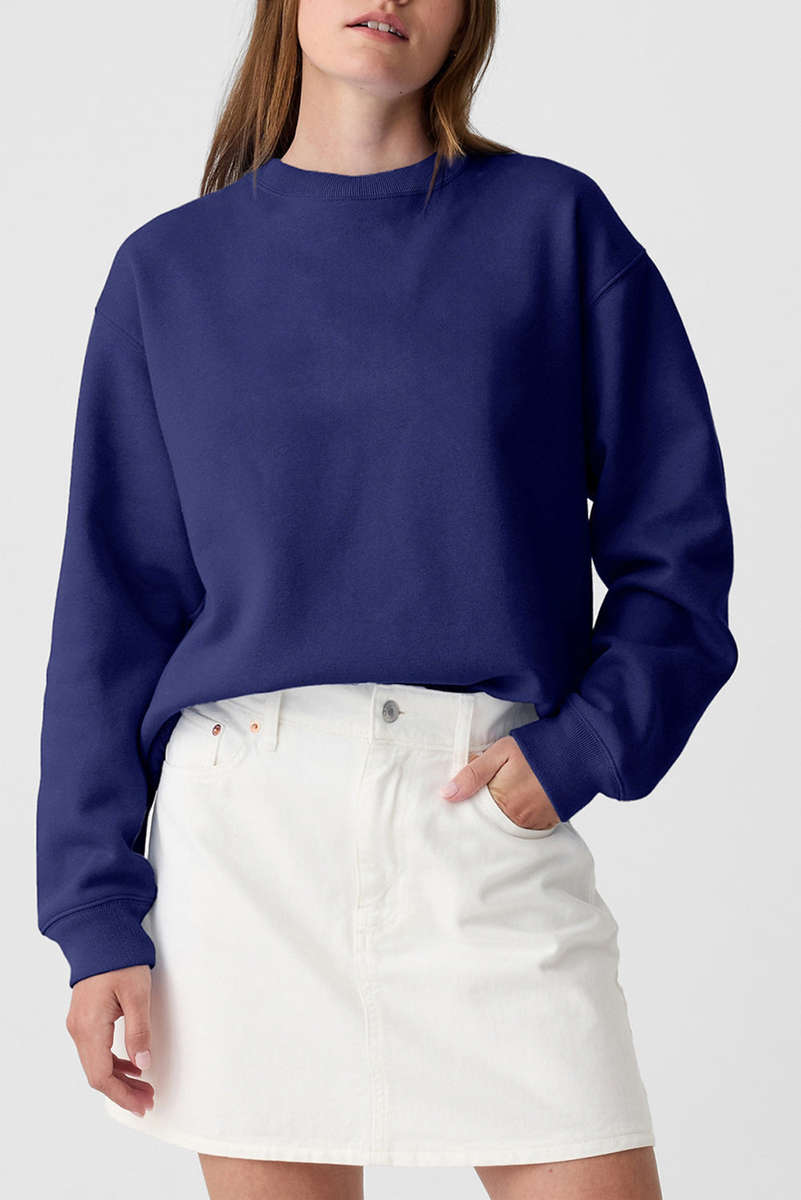 Navy Blue Plain Drop Shoulder Crewneck Pullover Sweatshirt