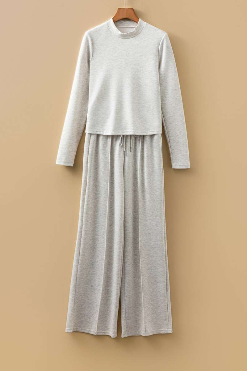 Light Grey Long Sleeve High Neck Slim Top Smocked Waist Central Seam Pants Set