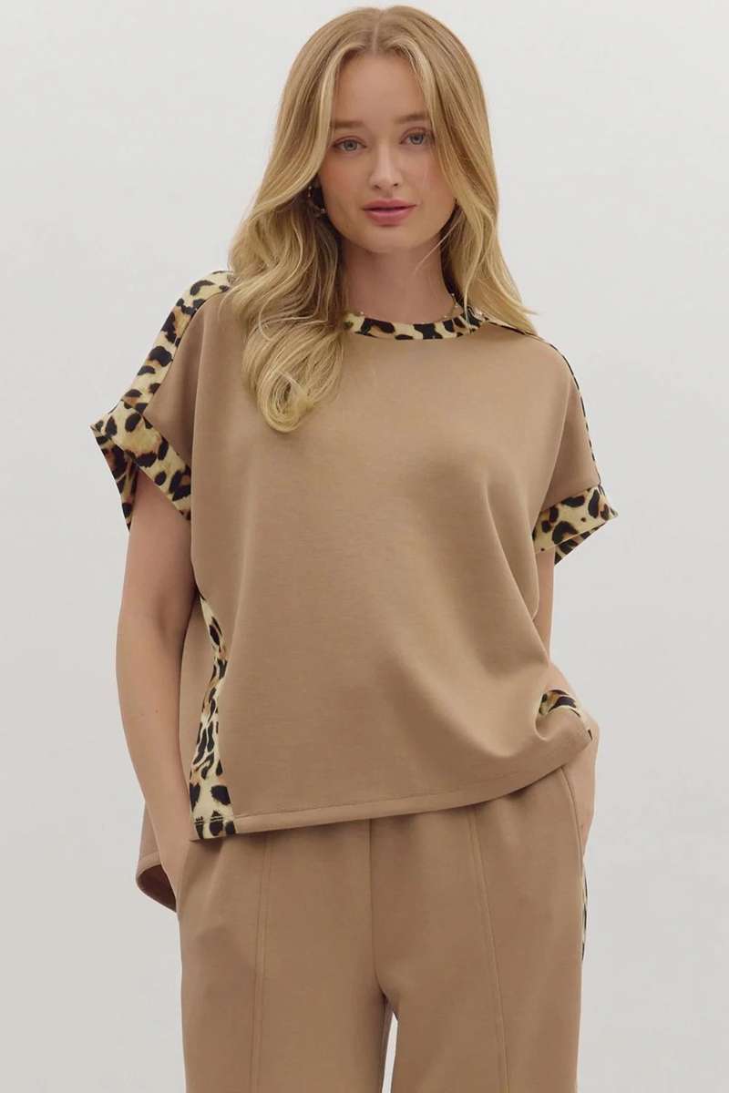 Light French Beige Leopard Trim Round Neck Loose T Shirt