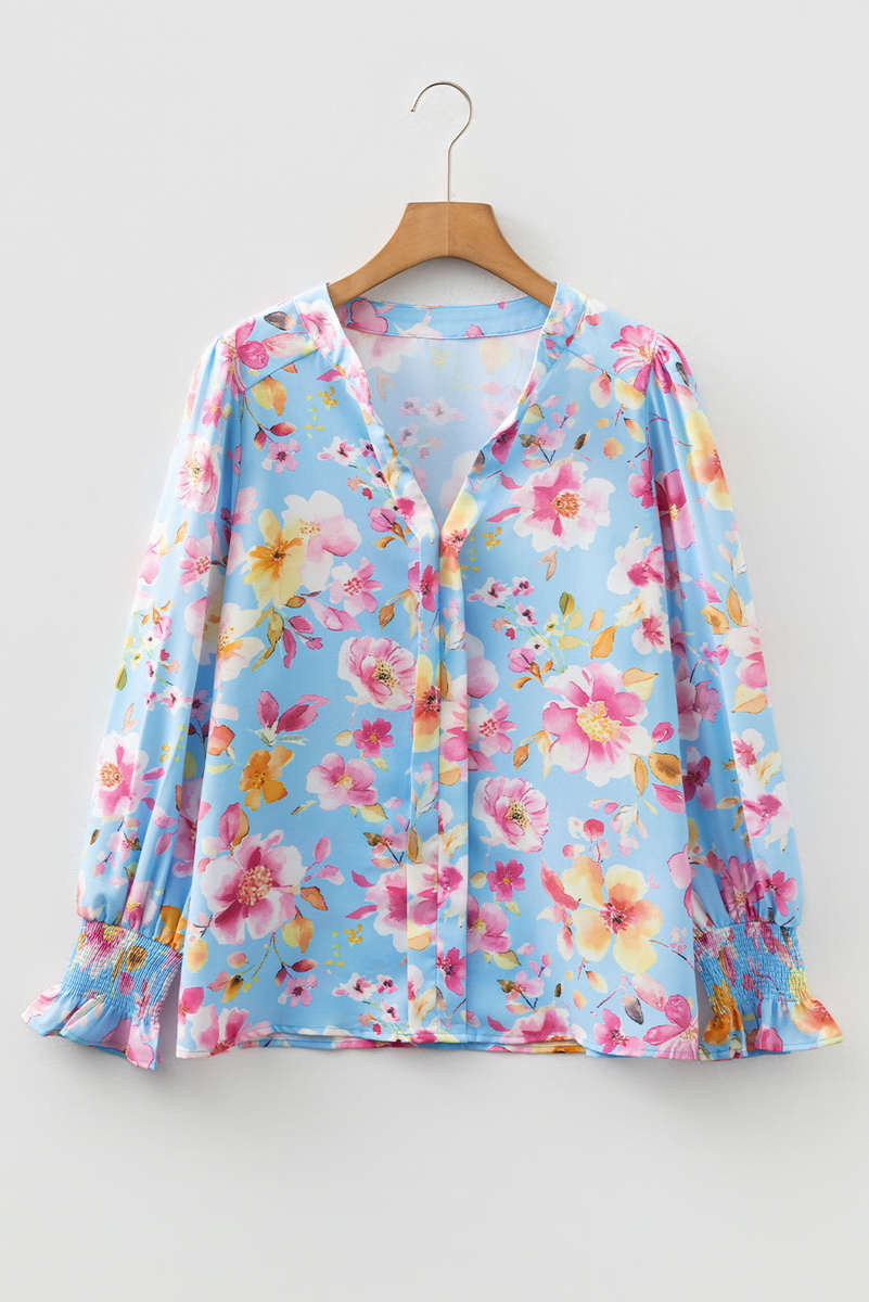 Sky Blue Floral Smocked Cuff Flounce Sleeve V Neck Blouse