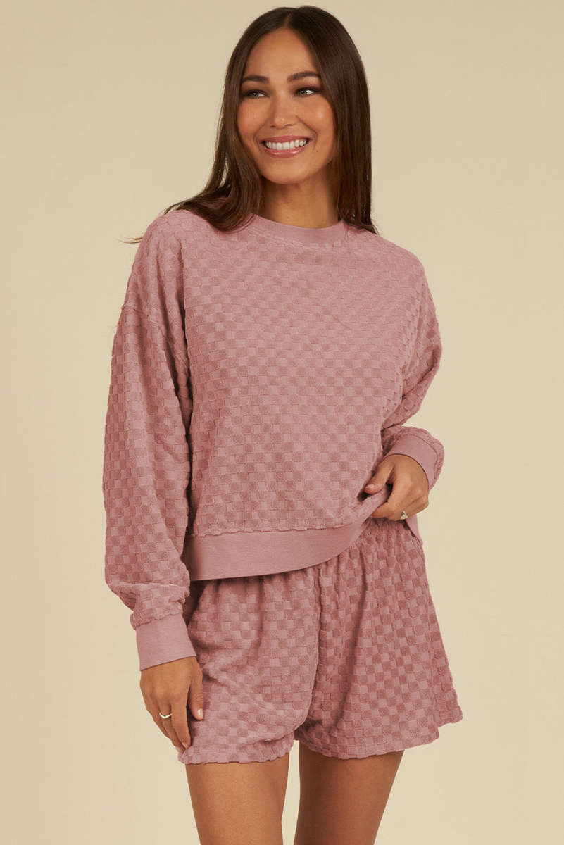 Blossom Checkered Textured Long Sleeve Top and Shorts Set