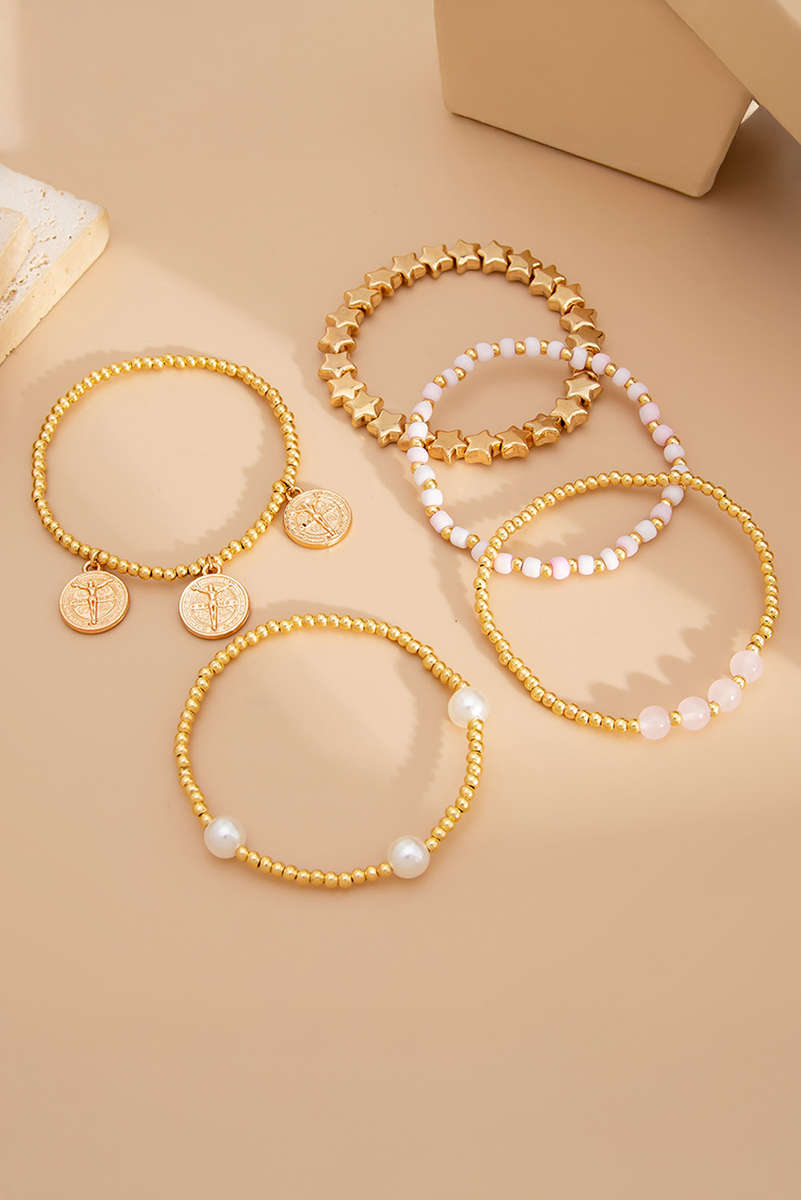 Gold Discs Pearl Stars Beaded Multi Layer Bracelet Set