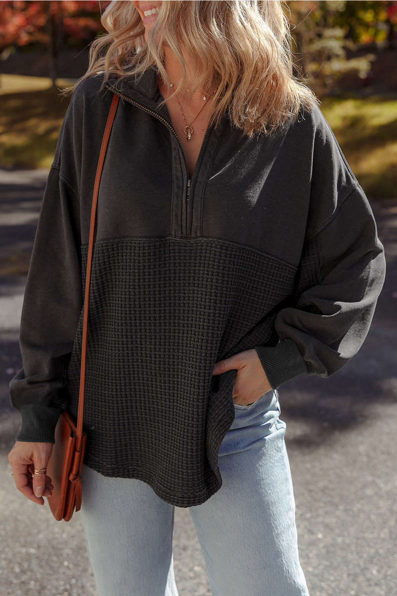 Carbon Grey Waffle Knit Patchwork Half Zipped Casual Sweatshirt