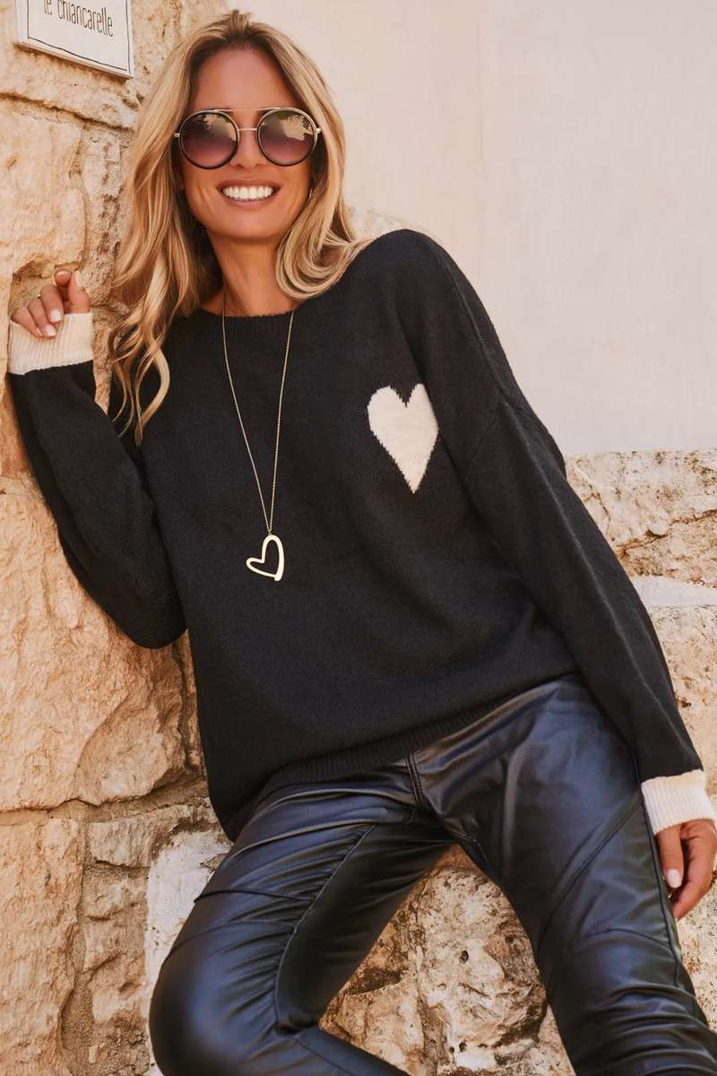 Black Heart Detail Contrast Cuffs Baggy Sweater