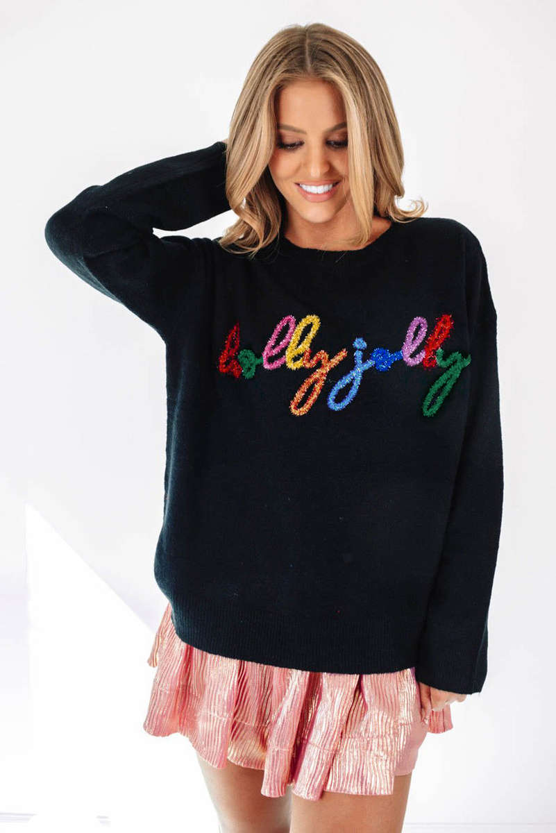 Black Holly Jolly Round Neck Casual Sweater