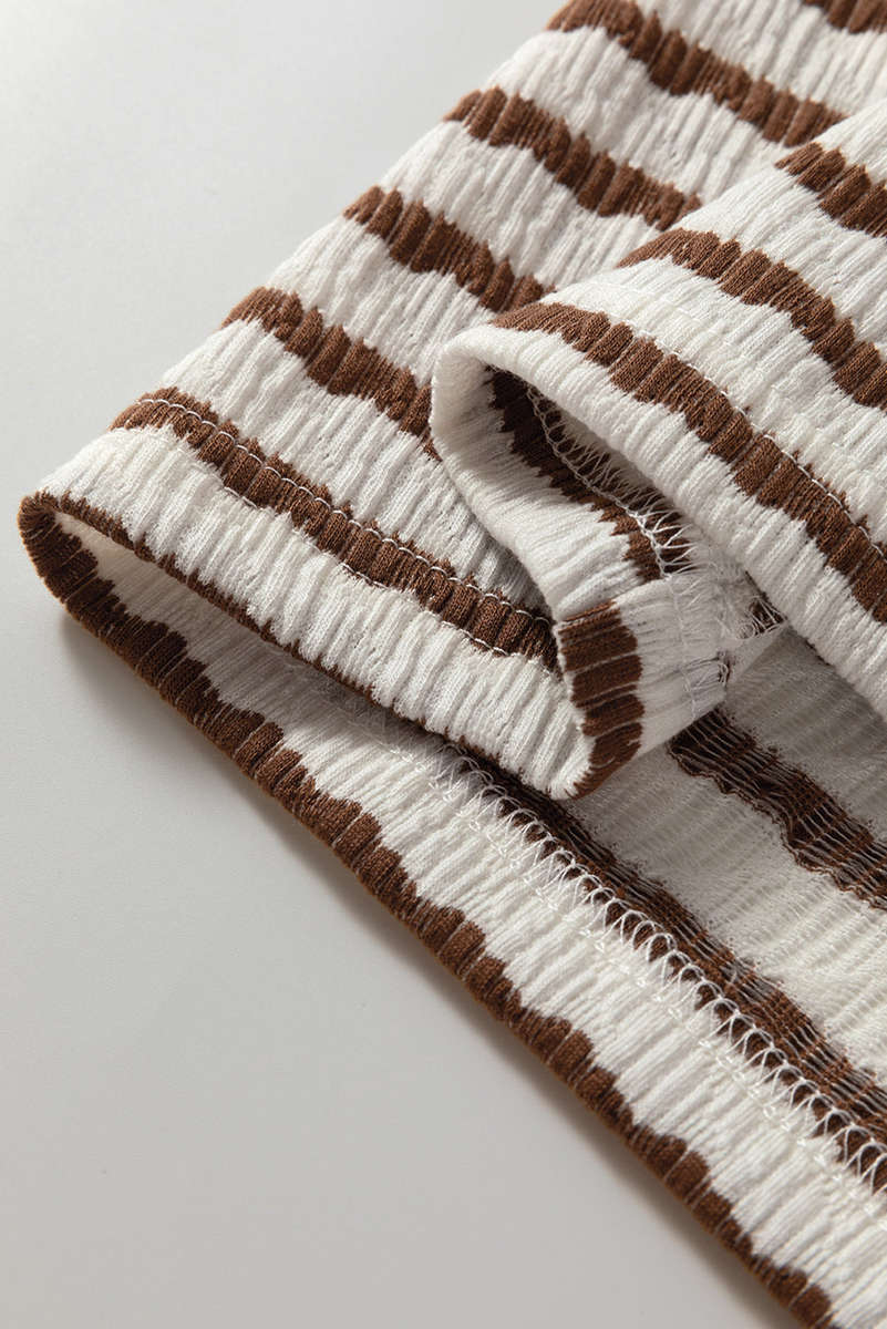 Khaki Stripe Textured Hooded V Neck Casual Long Sleeve Top