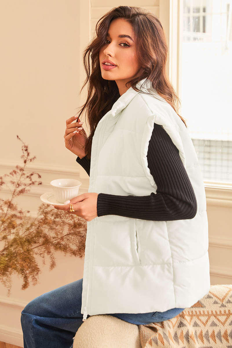 Beige  Zipper Stand Neck Oversized Puffer Vest