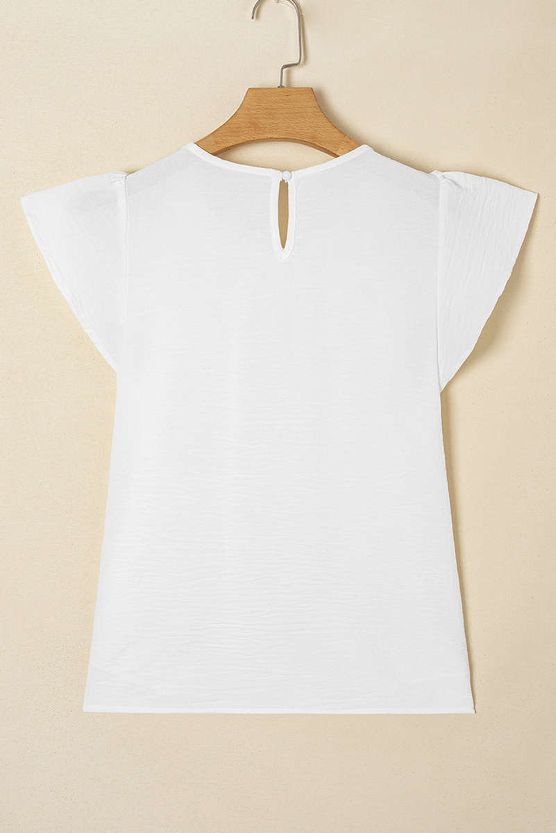 White Flounce Sleeve Pleated Textured Blouse