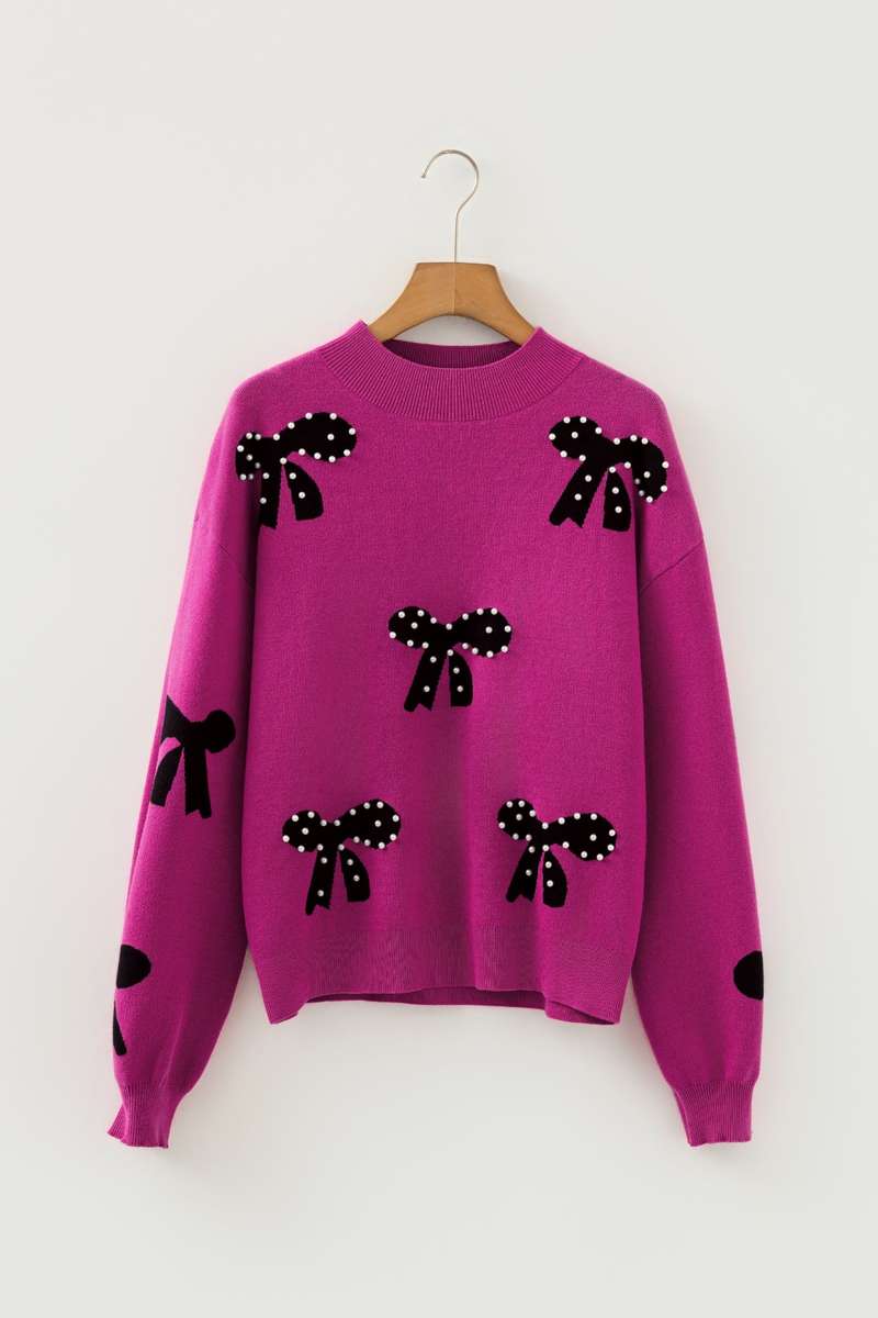 Bright Pink Pearl Embellished Bow Pattern Loose Sweater
