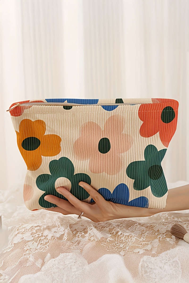 White Floral Print Corduroy Minimalist Storage Bag