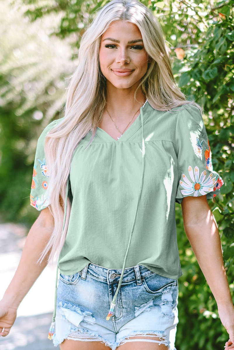 Clearly Aqua Floral Embroidered Puff Sleeve Split Neck Blouse