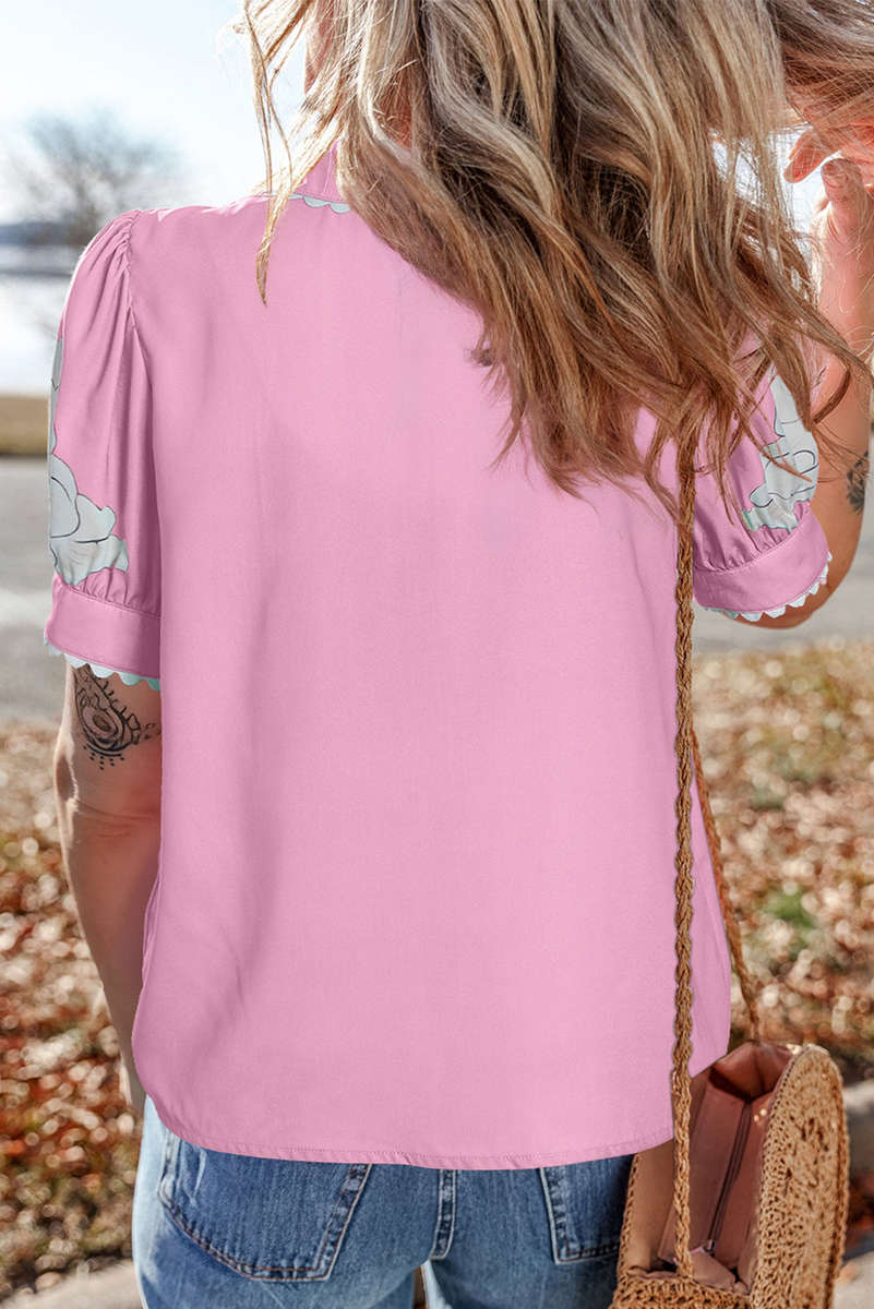 Rose Floral Ric Rac Edge Puff Sleeve Button Up Summer Shirt