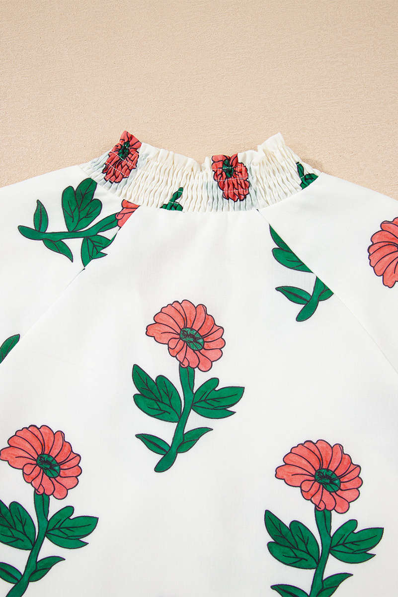 Beige Floral Print Shirred Split Neck Short Sleeve Blouse