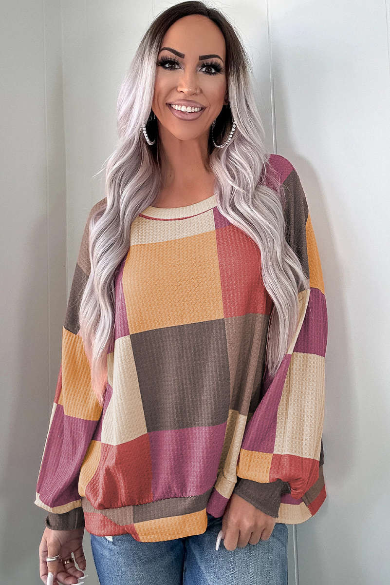 Rose Red Checkered Print Textured Knit Long Sleeve Loose Top