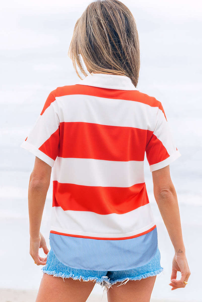 Red Stripe Collar V Neck Cuffed Dolman Short Sleeve Top