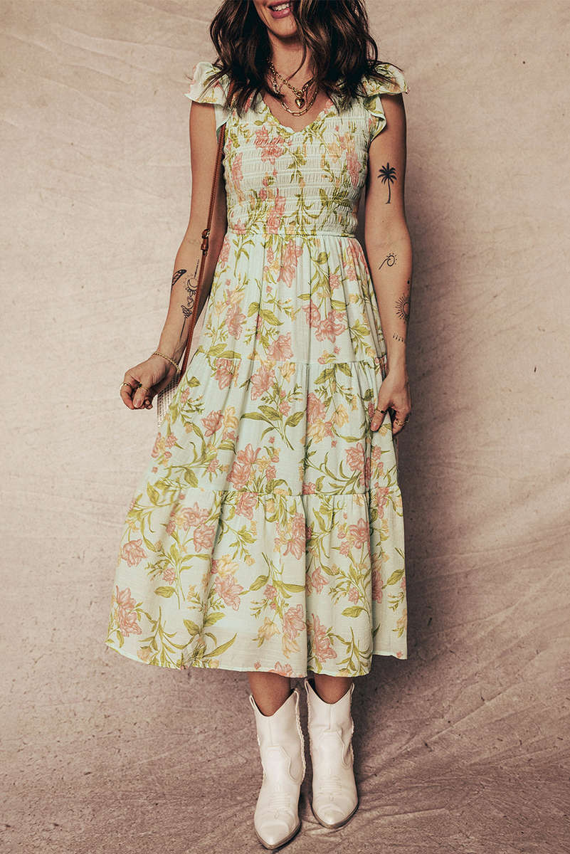 Yellow Smocked Bodice Ruffled Sleeveless Tiered Floral Maxi Dress