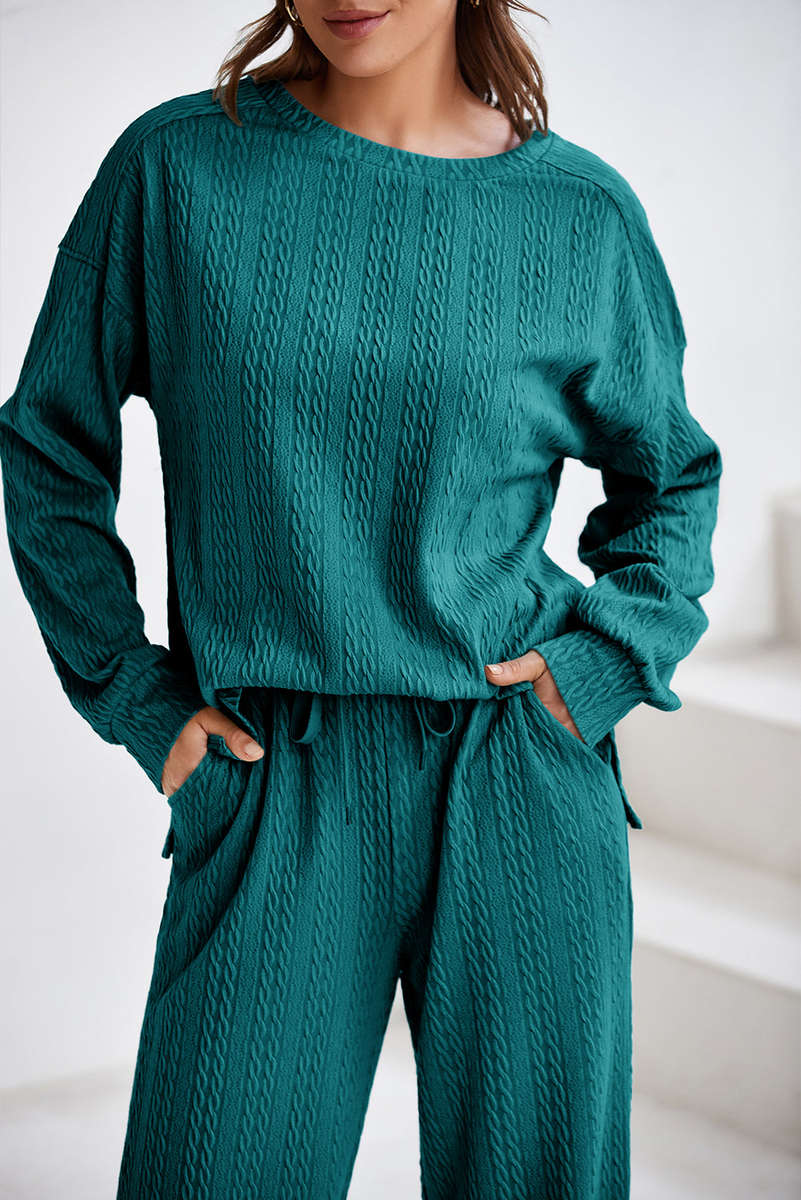 Sea Green Textured Round Neck Sweatshirt & Loose Drawstring High Waist Pant Set
