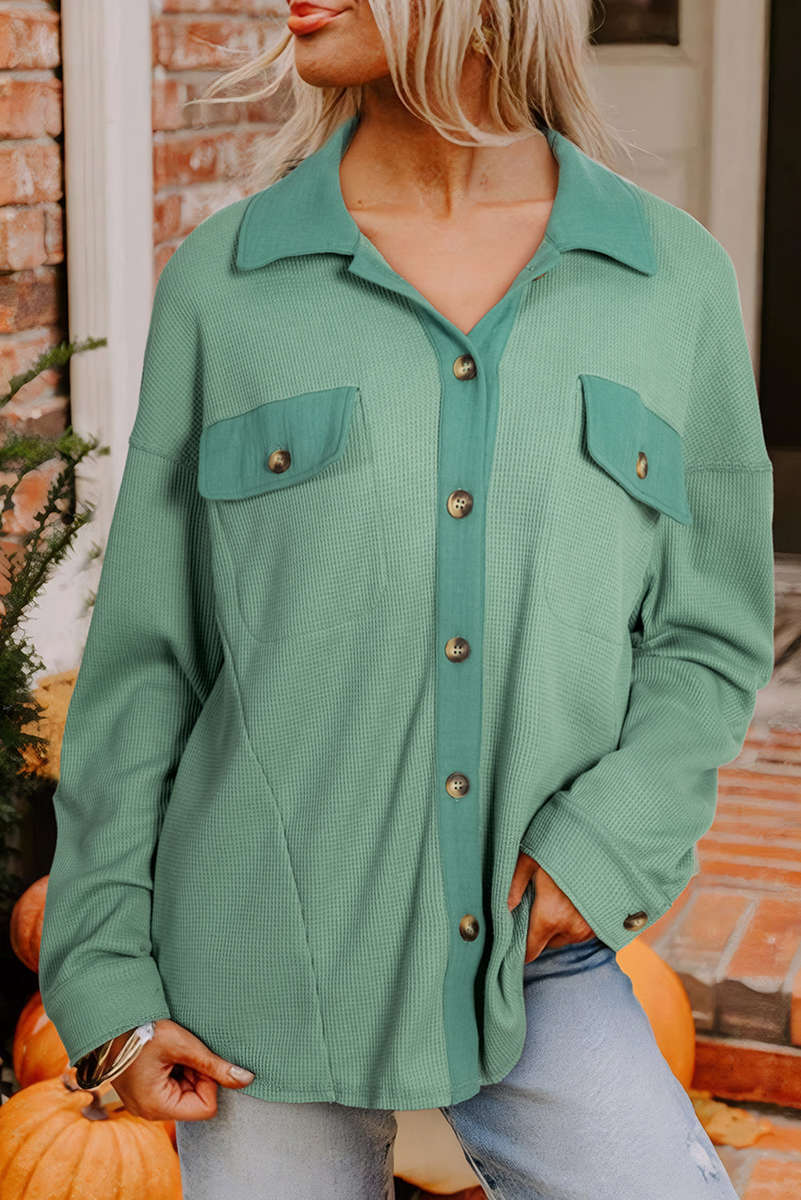 Grass Green Waffle Knit Vintage Patchwork Button Up Loose Shirt
