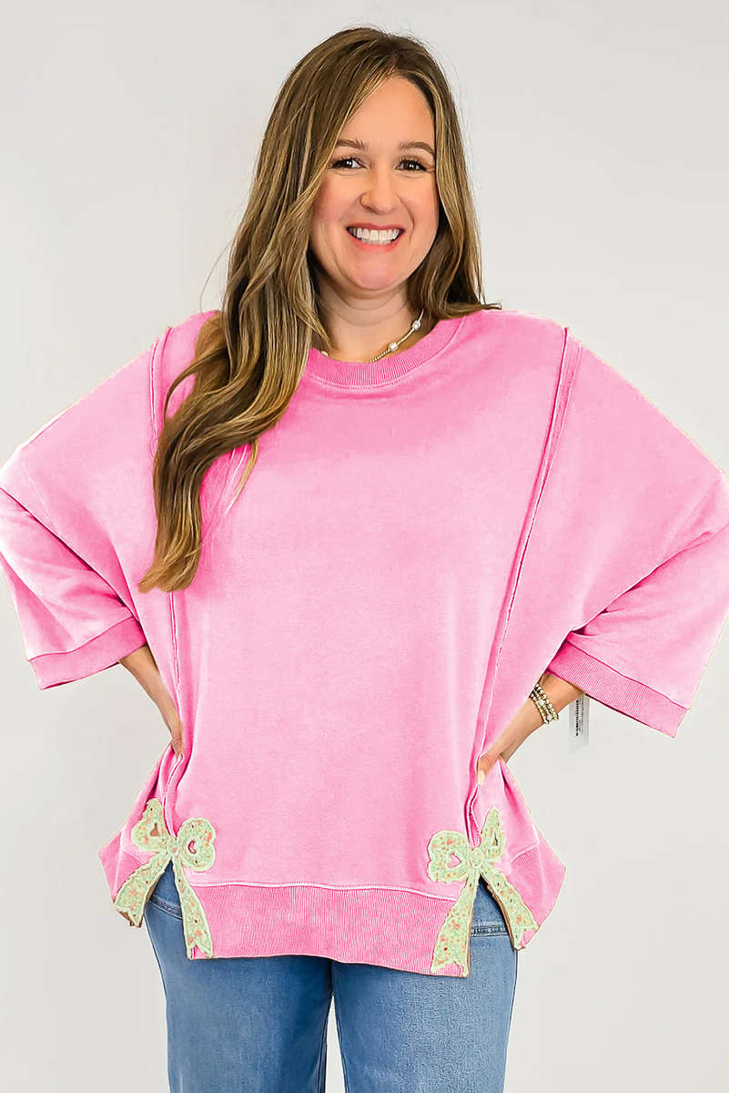 Pink Floral Bow Patched Exposed Seam Patchwork Slit Baggy Sweatshirt
