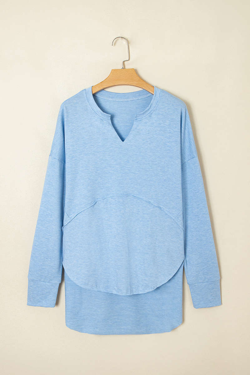 Myosotis Notched Neck Terry Raw Hem Long Sleeve Top