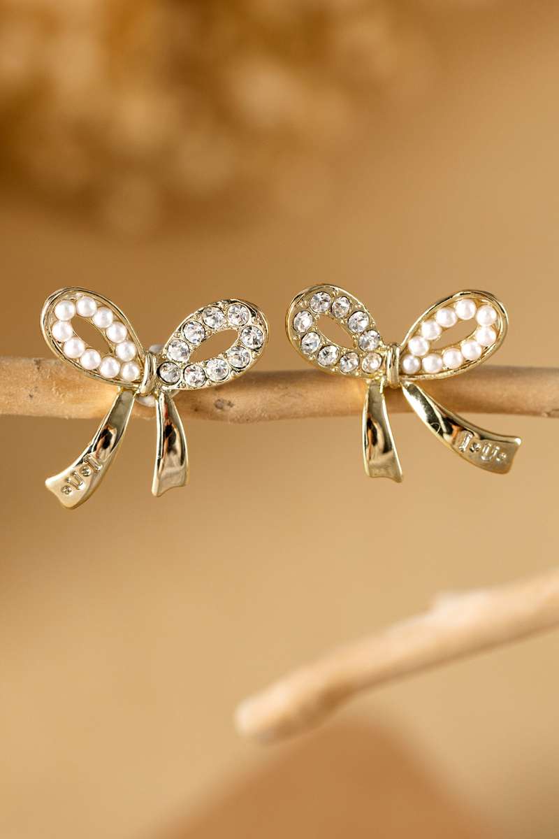 Gold Rhinestone Pearl Bow Earrings