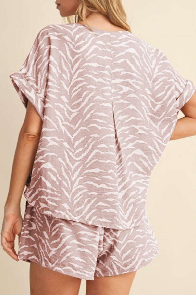 Khaki Abstract Print Cuffed Short Sleeve Loose Top Short Set