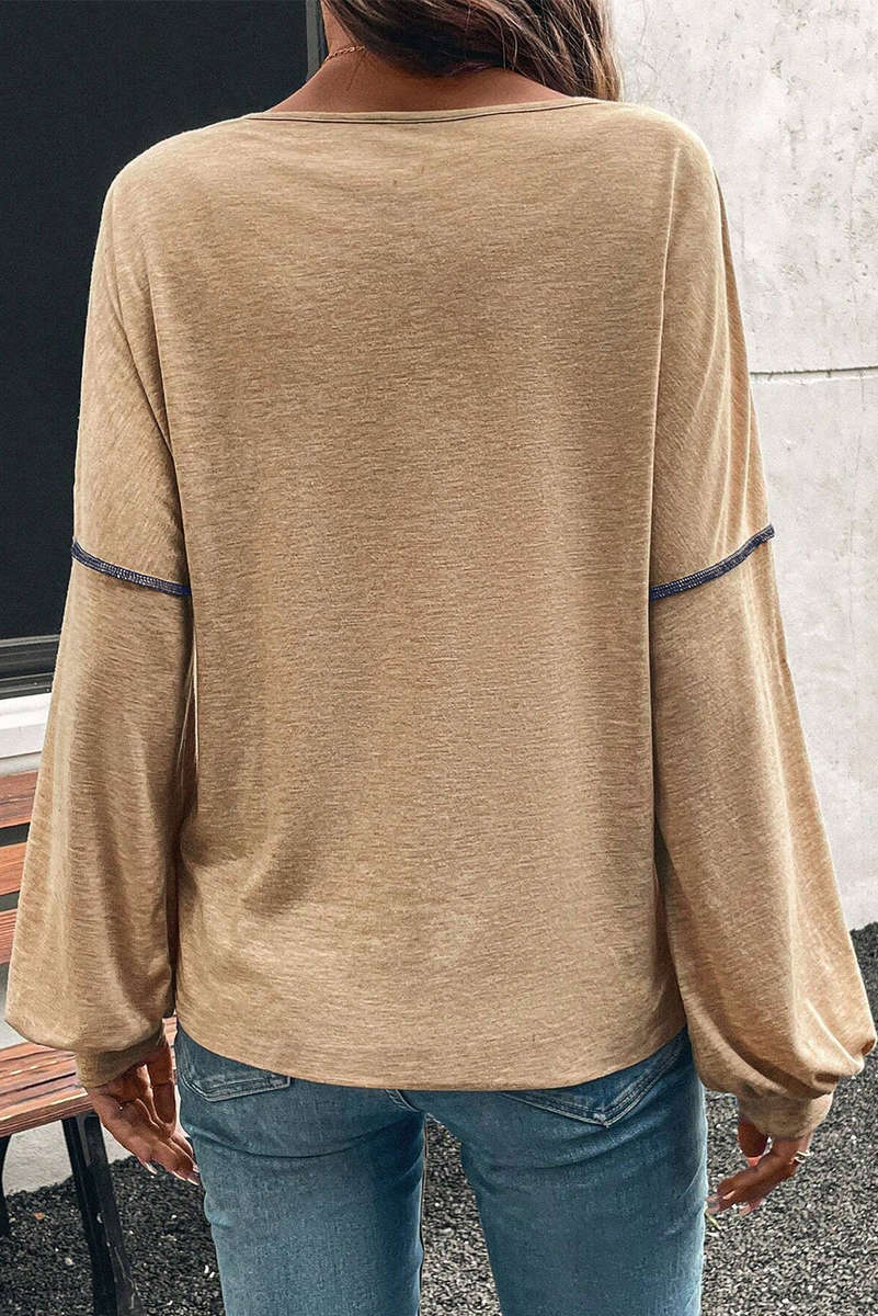 Sail Blue Exposed Stitching Colorblock V Neck Long Sleeve Top