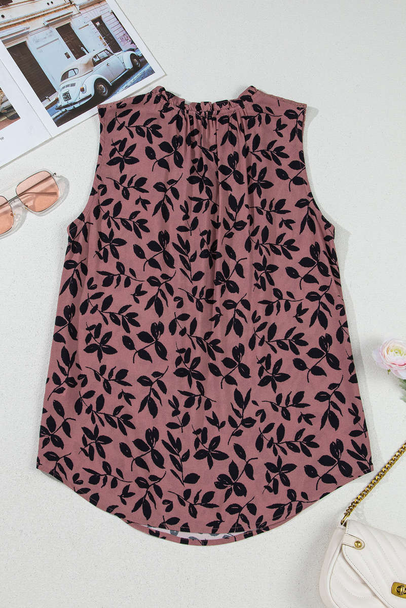 Brown Leaf Print Lace-up V Neck Crinckled Tank Top