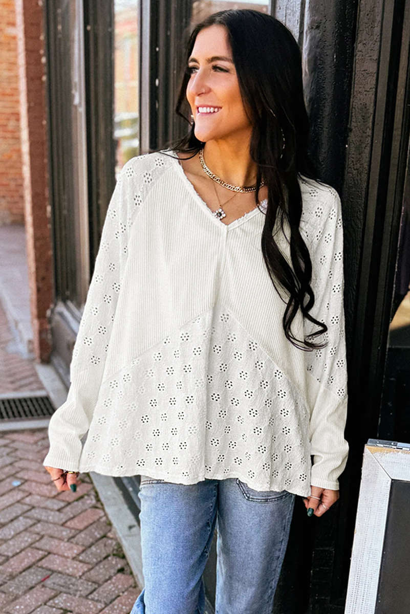 White Twisted Rib Patchwork Embroidered Loose V Neck Long Sleeve Top