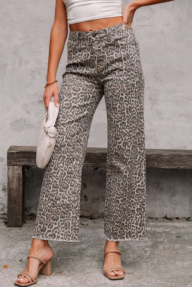 Brown Leopard Frayed Edge Wide Leg High Waist Jeans