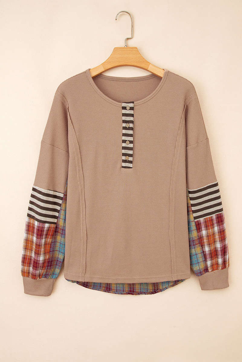 Straw Yellow Waffle Stripe Plaid Patchwork Henley Knit Top