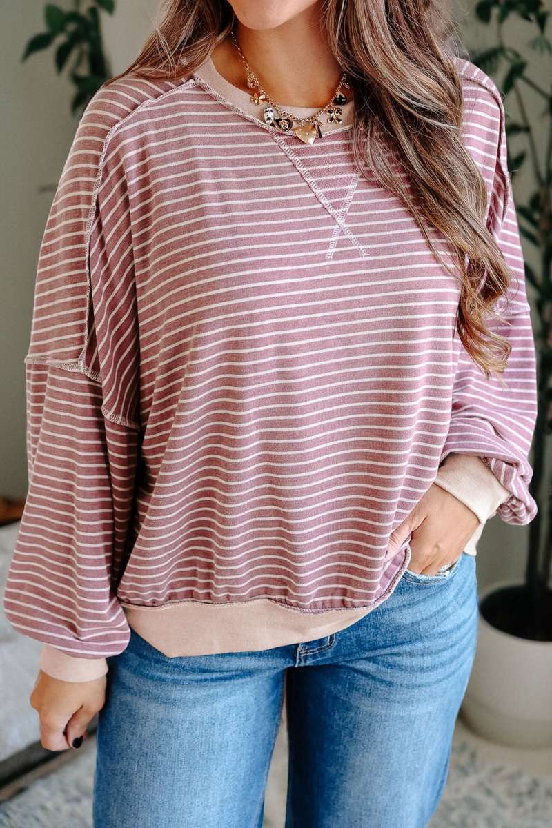 Pink Stripe Exposed Stitching Patchwork Casual Long Sleeve Top