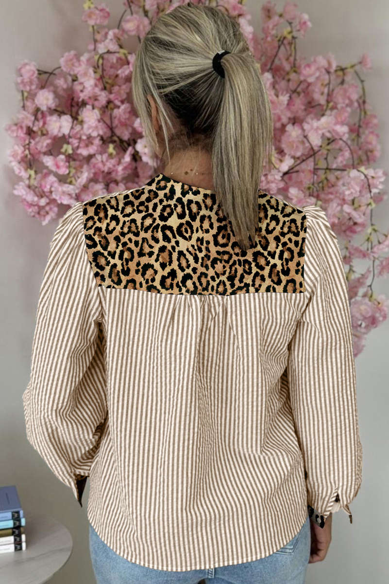 Brown Stripe Leopard Patchwork Long Sleeve Shirt