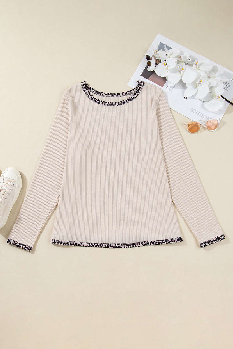Parchment Ribbed Contrast Leopard Edge Round Neck Plus Knit Top